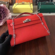 Hermes Mini Kelly 22cm Epsom Cuir Rouge Argent Avec Bracelet Chaîne