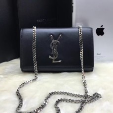 YSL Sac Chaîne Cuir Lisse 22cm Noir Argent