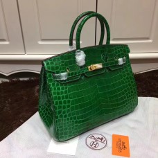 Hermes Birkin 35cm Sac à main Crocodile Cuir Vert Or