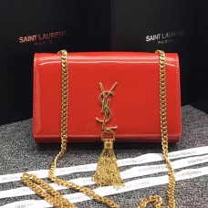 YSL Sac Chaîne Pompon 22cm Cuir Verni Rouge