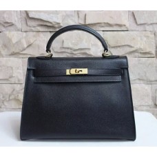 Hermes Kelly 32cm Sac à main en cuir Epsom noir or