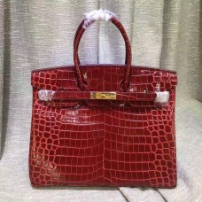 Hermes Birkin 35cm Sac à main Crocodile Cuir Rouge Foncé Or