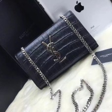 YSL Monogram Chain Bag 22cm Croco Noir Argent