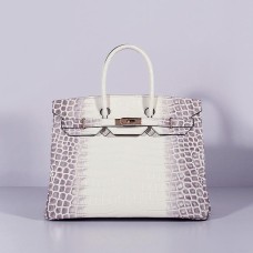 Hermes Birkin 35cm Sac à main en cuir de crocodile Gris Blanc Or