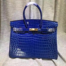Hermes Birkin 35cm Sac à main en cuir de crocodile bleu électrique or