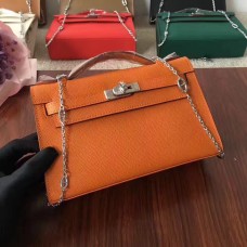 Hermes Mini Kelly 22cm Epsom Cuir Orange Argent Avec Bracelet Chaîne