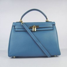 Hermes Kelly 32cm Togo Sac à main en cuir bleu/doré