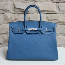 Hermes Birkin 35cm veine peau de bovin Sacs à main bleu argent