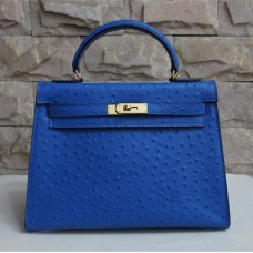 Hermes Kelly 32cm Autruche Veine Sac À Main Bleu Doré