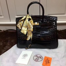 Hermes Birkin 35cm Sac à main en cuir de crocodile noir or