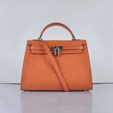Hermes Kelly 32cm Autruche Veine 6108 Orange Argent