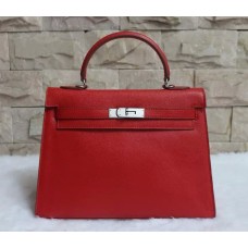 Hermes Kelly 32cm Sac à main en cuir Epsom Rouge Argent