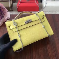 Hermes Mini Kelly 22cm Epsom Cuir Jaune Argent Avec Bracelet Chaîne