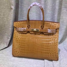 Hermes Birkin 35cm Sac à main Crocodile Cuir Marron Or
