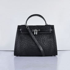 Hermes Kelly 32cm Autruche Veine 6108 Noir Argent