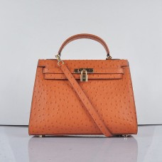 Hermes Kelly 32cm Autruche Veine 6108 Orange Doré